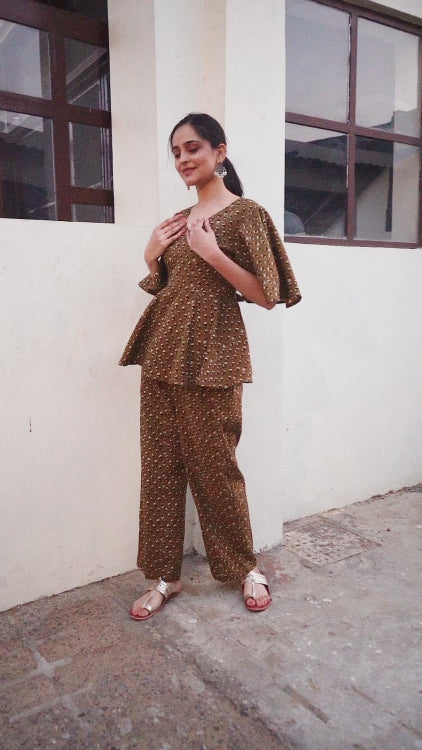 Yellow Hand Block Bagru Printed  Frilled Sleeve Cotton Co-ord Set